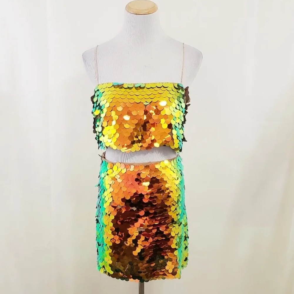 Zara Metallic Sequin Rainbow Skirt Set (Top M, Skirt S)